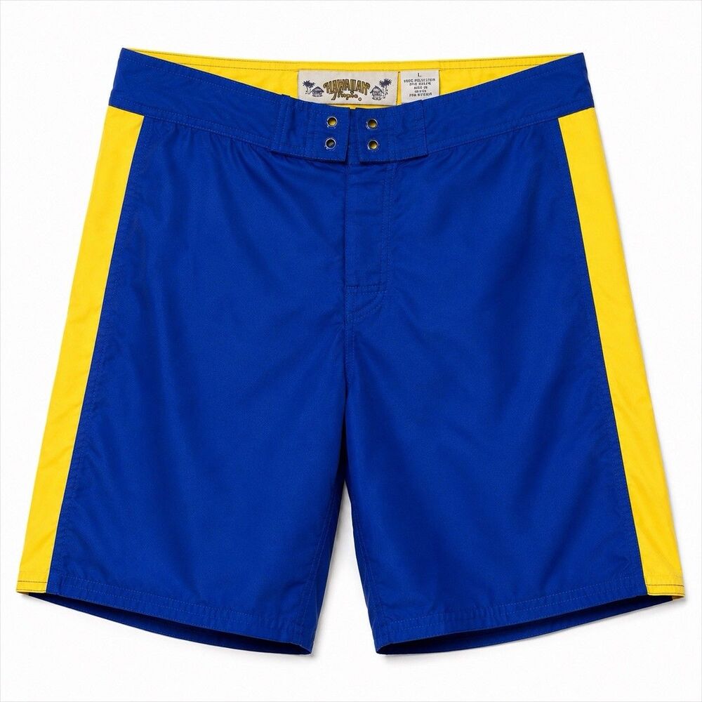 Hawaiian Tropic Board Shorts Men's L Blue Yellow Colorblock Swim Trunks Surf